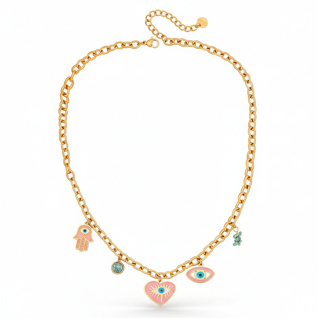 water proof 18k Gold plated necklace with evil eye various charms on a white background