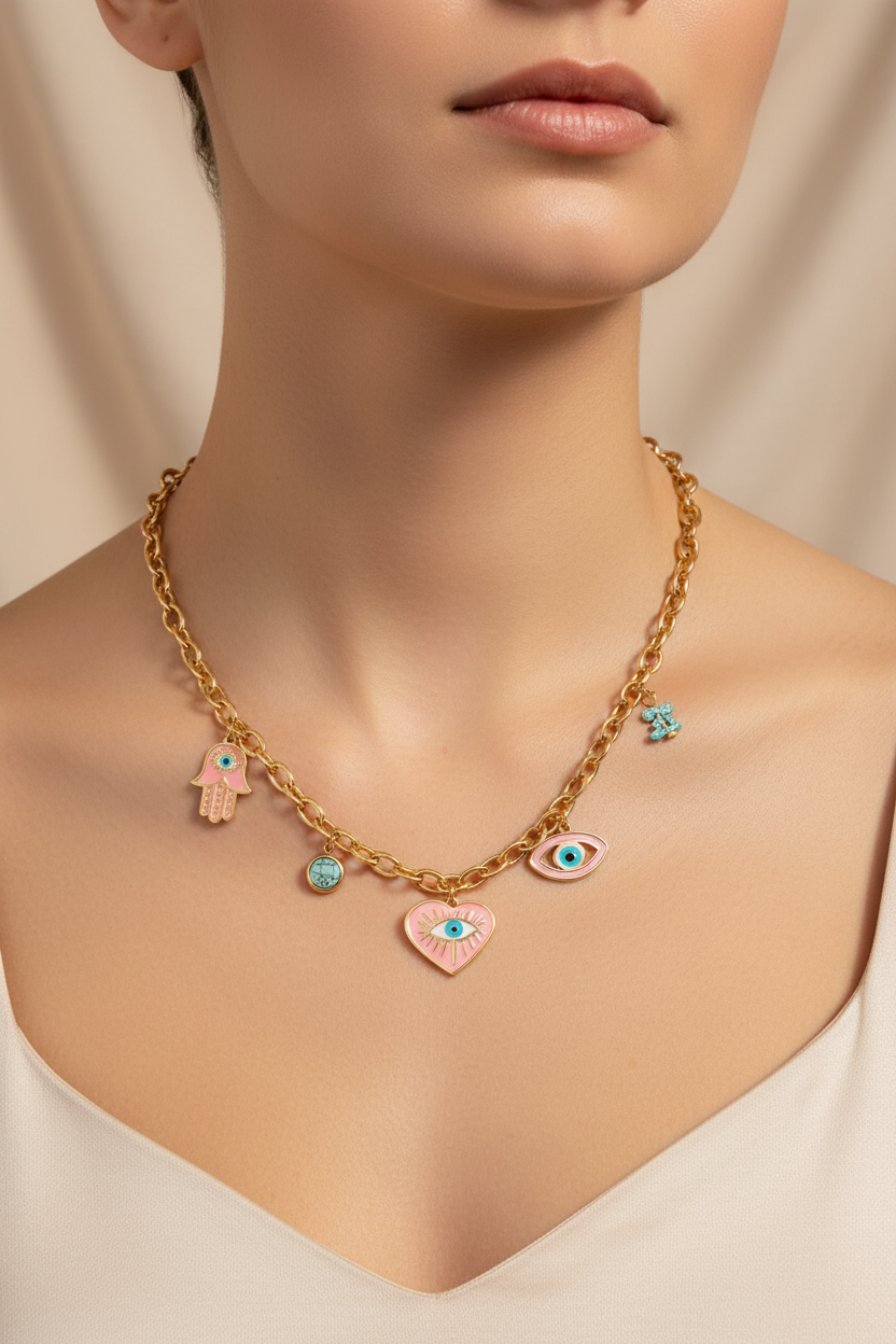 anti tarnish 18k gold plated Necklace with charms model wearing