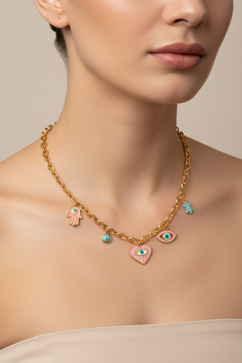 Evil Eye & Hamsa Charm Necklace 18K Gold Plated