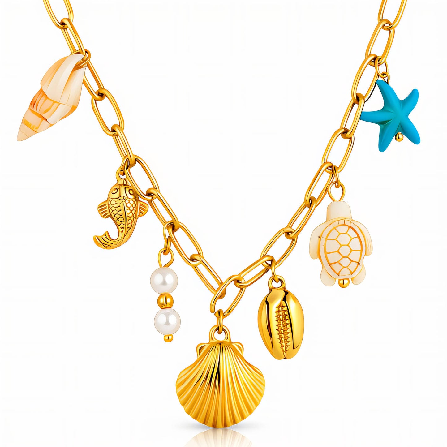 18k Gold plated chain necklace with various sea-themed charms on a white background