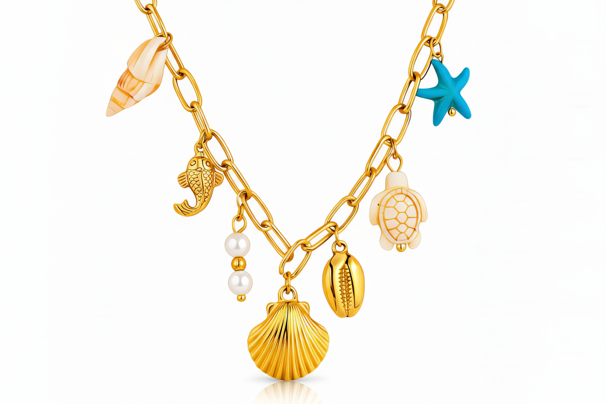 18k Gold necklace with various charms including shells, a starfish, and pear drop on a white background