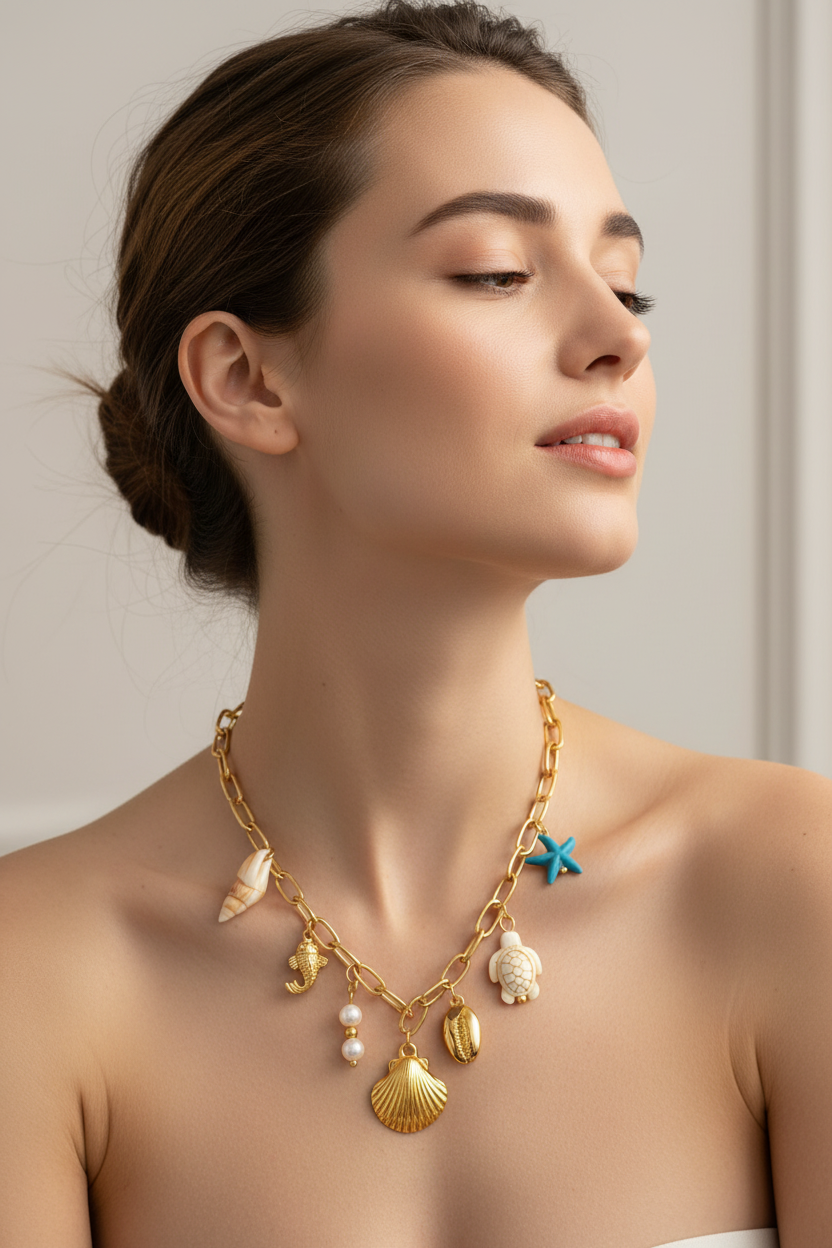 Woman wearing a gold necklace with various charms against a neutral background