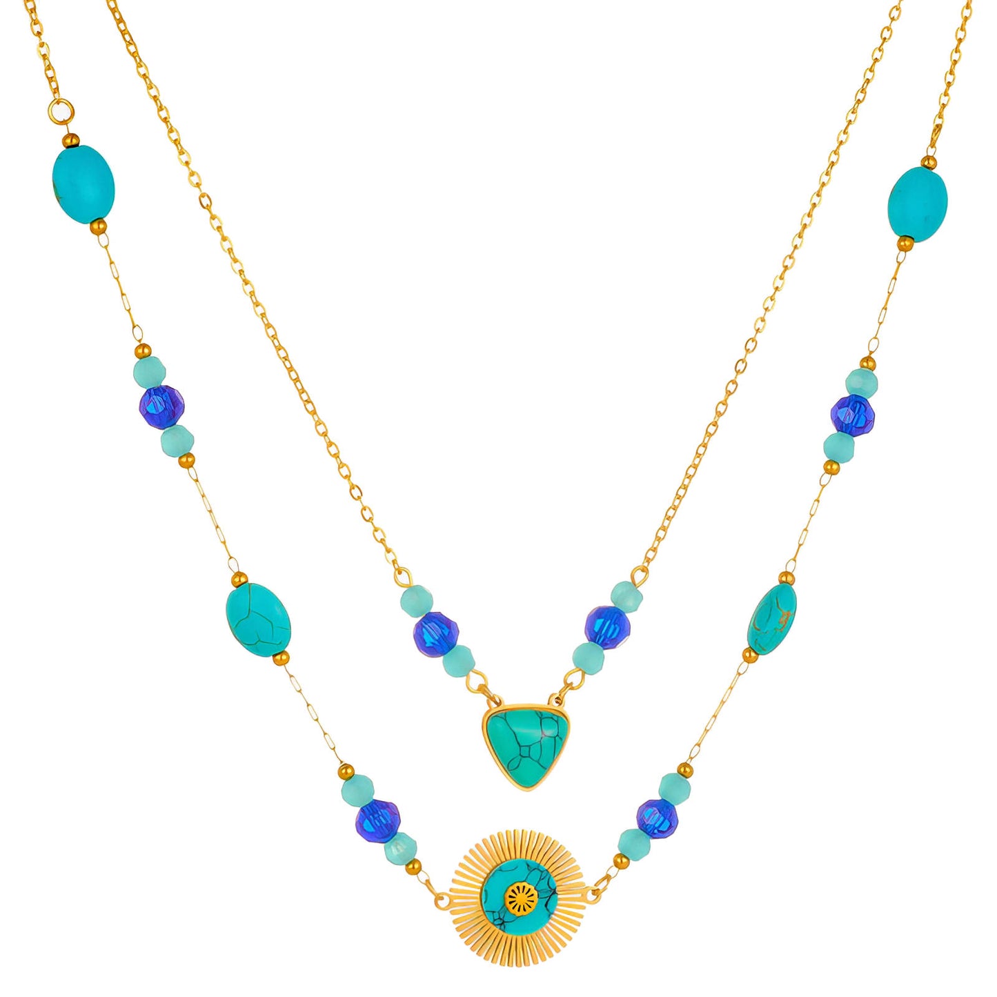 Two layered necklaces with turquoise and blue beads on a white background