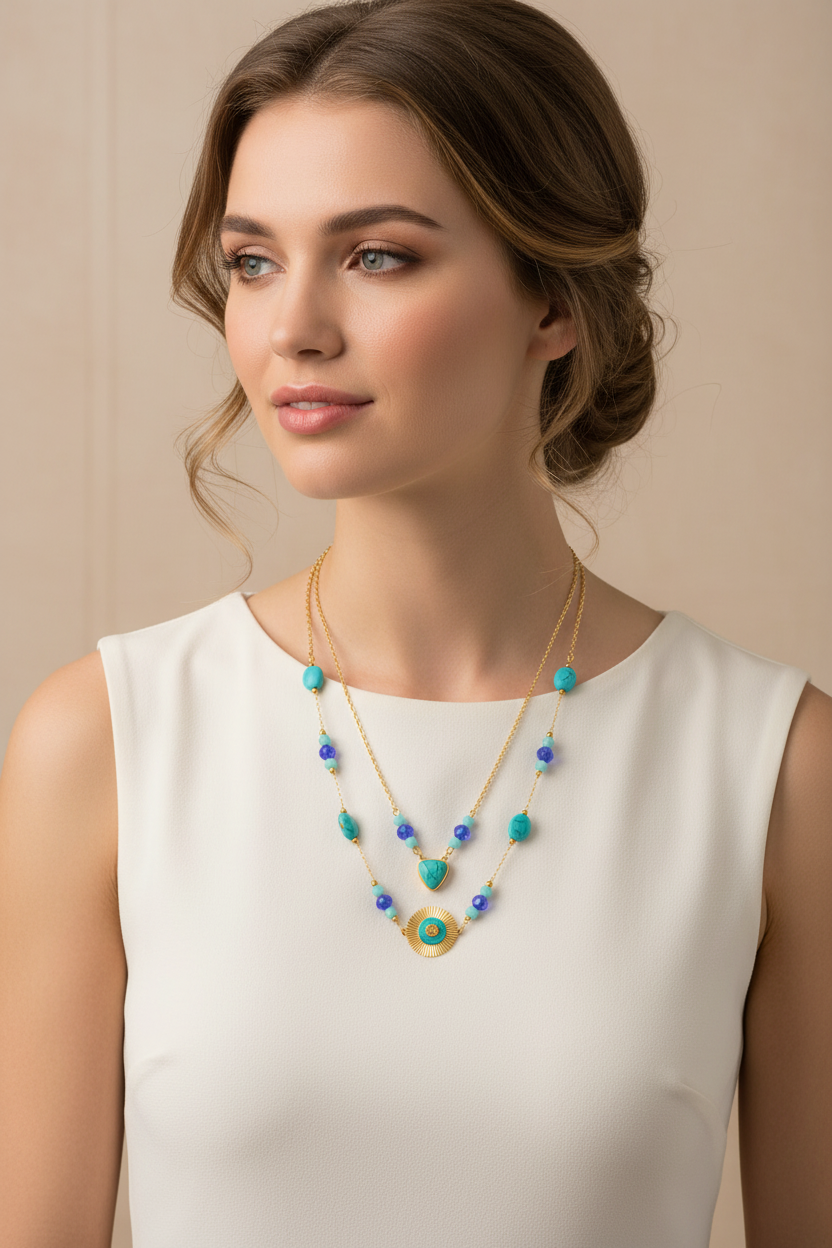 Woman wearing a colorful beaded necklace against a neutral background