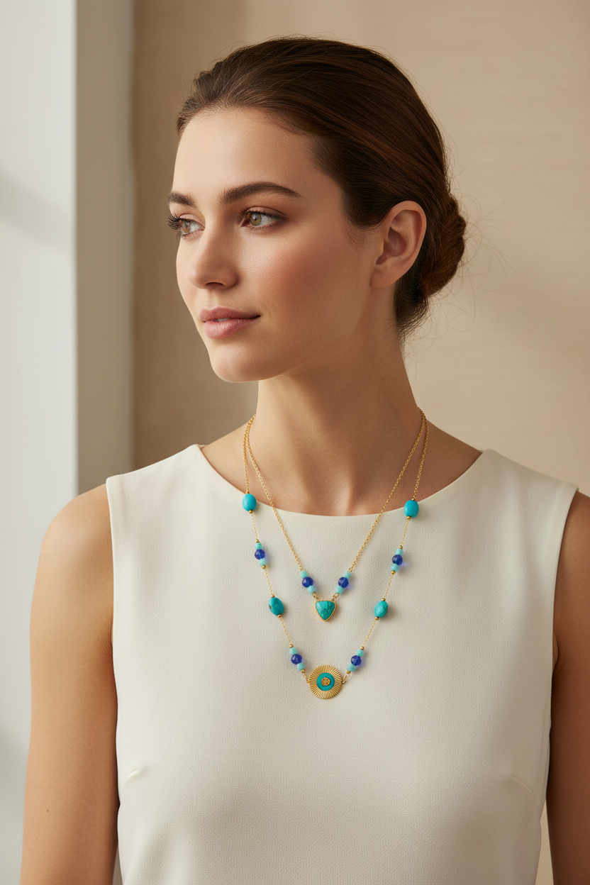 Woman wearing a colorful beaded necklace against a neutral background