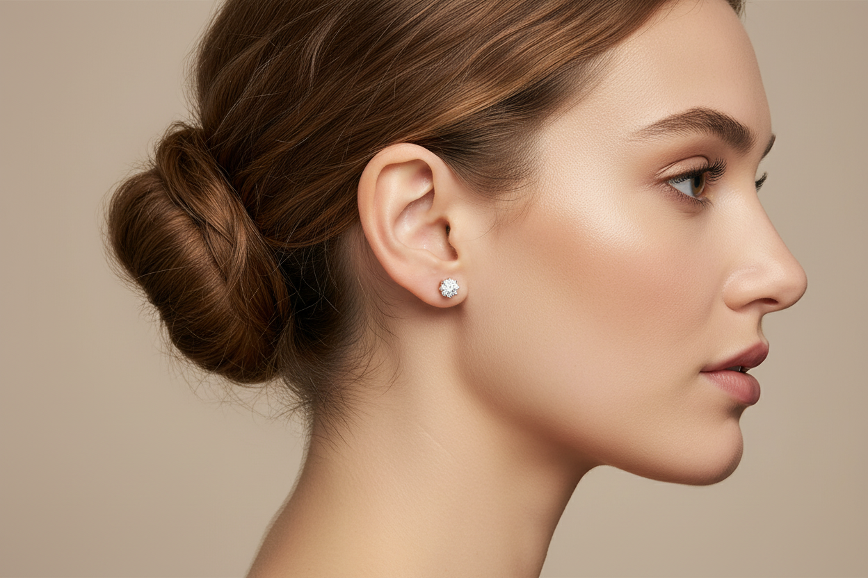 Woman with a styled bun and CZ diamond stud earring on a beige background