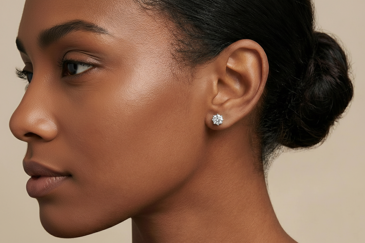 Close-up of a woman's ear wearing a stainless steel CZ diamond stud earring against a neutral background