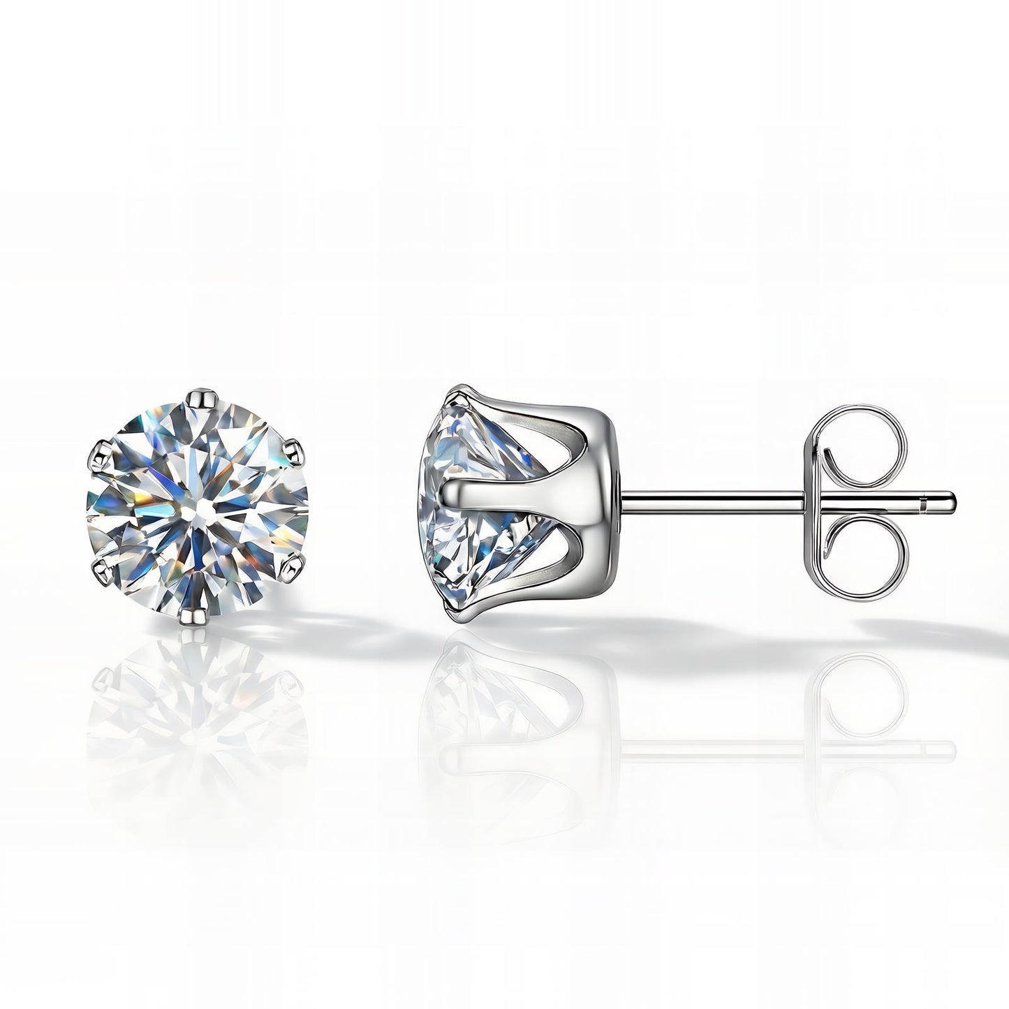 stainless steel CZ Silver stud earrings with clear gemstones on a white background
