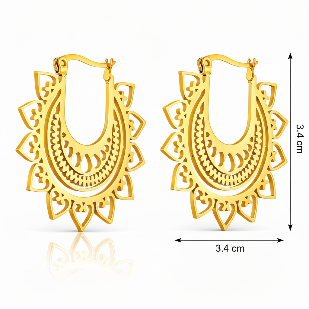 Gold hoop earrings with intricate designs and measurements on a white background