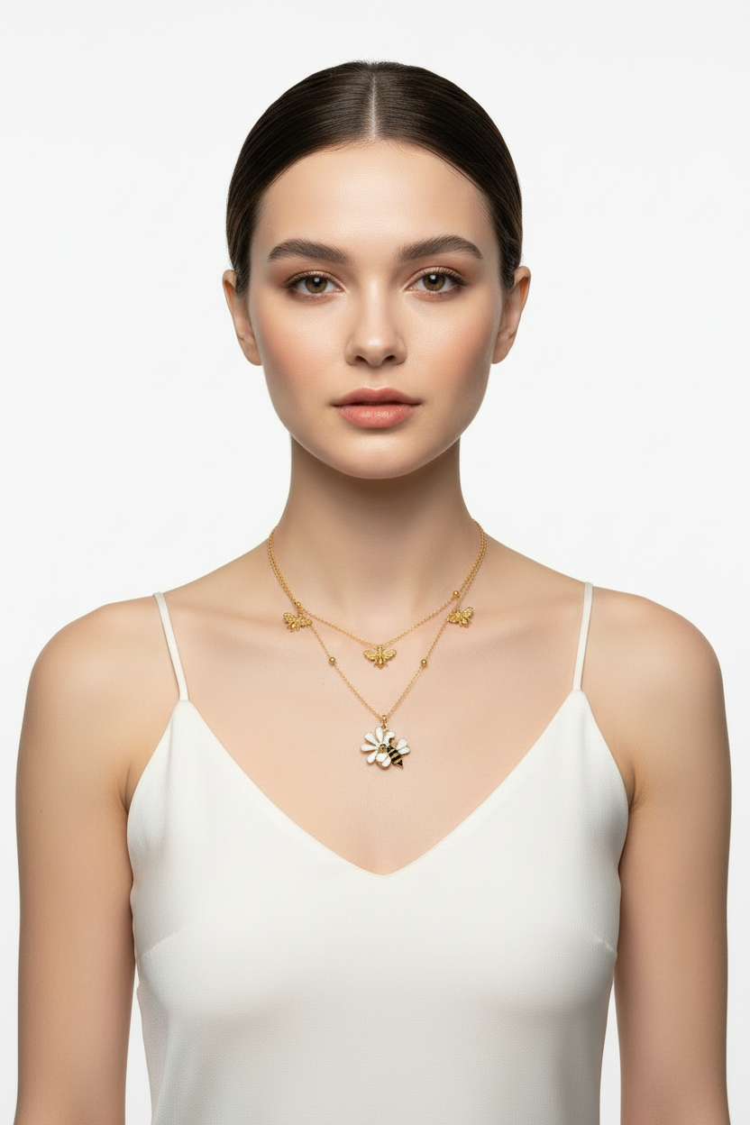 Bee & Daisy Double Layer Necklace | 18K Gold Plated