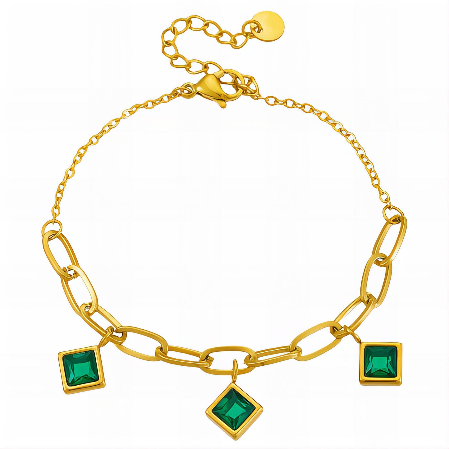 Triple Emerald-Green CZ Charm Paperclip Chain Bracelet | 18K Gold Plated