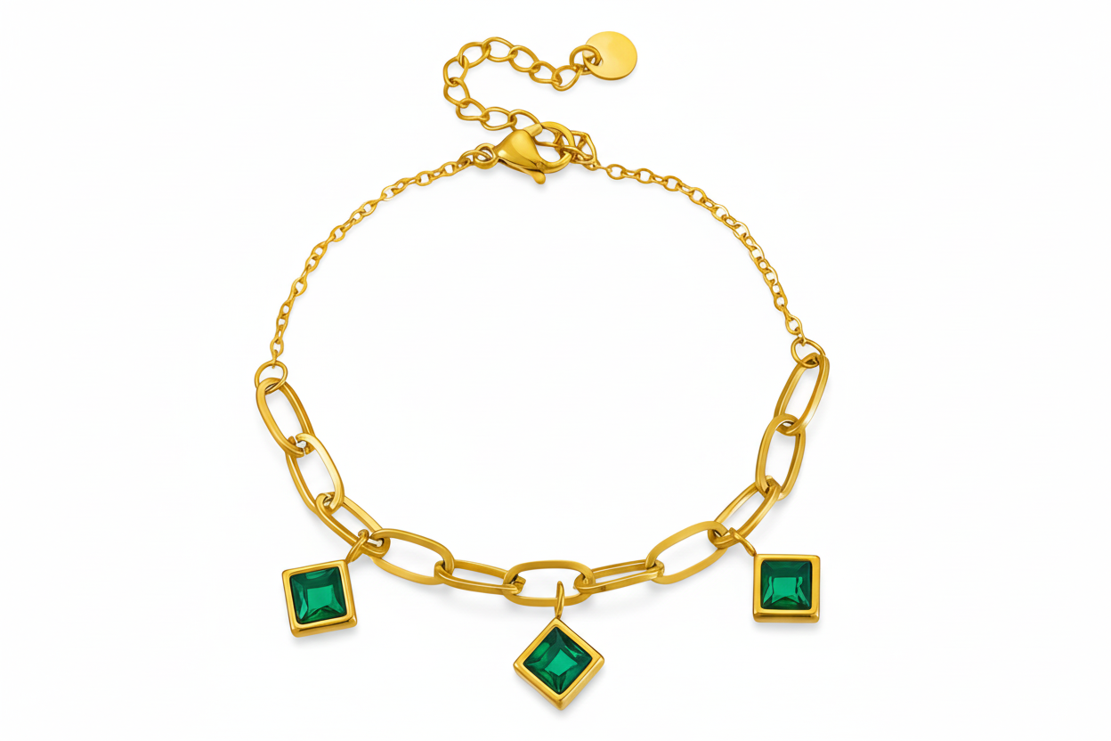 Triple Emerald-Green CZ Charm Paperclip Chain Bracelet | 18K Gold Plated
