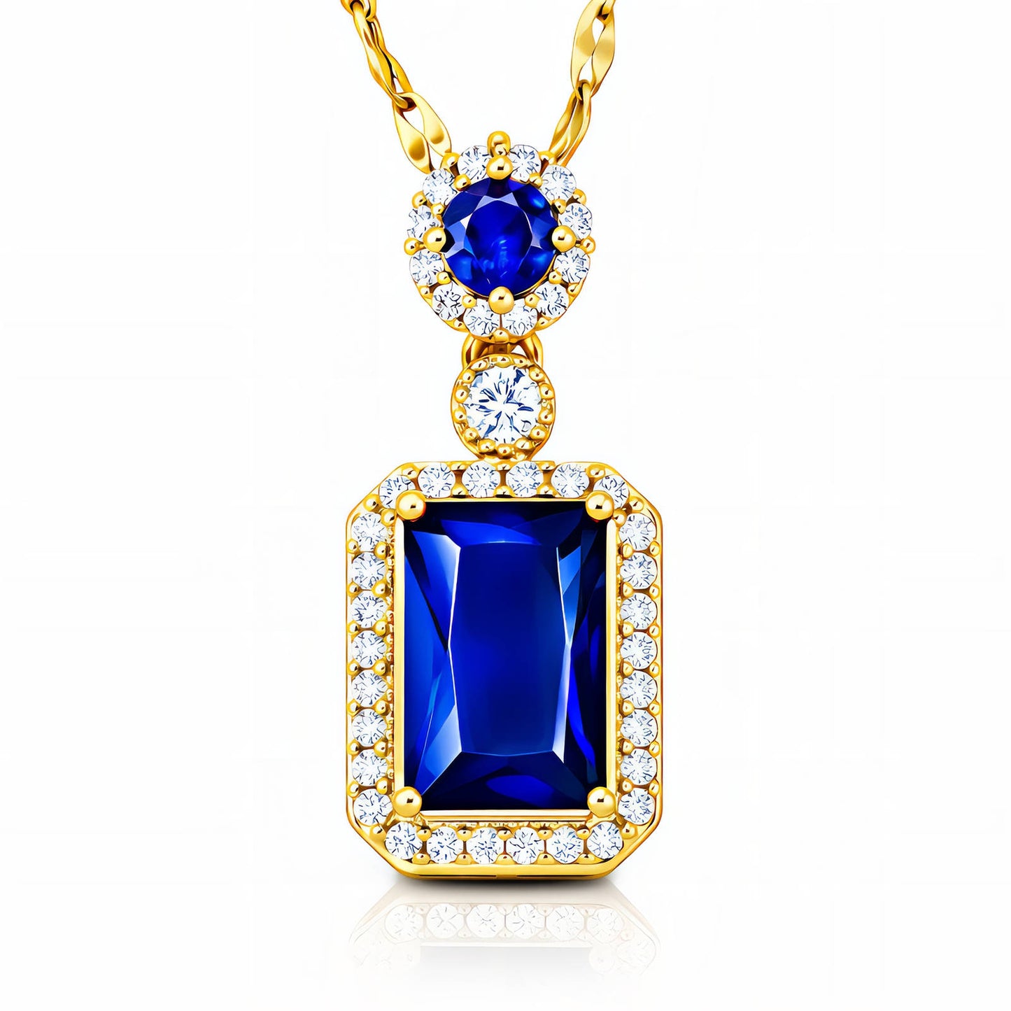 Gold necklace with blue gemstones on a white background