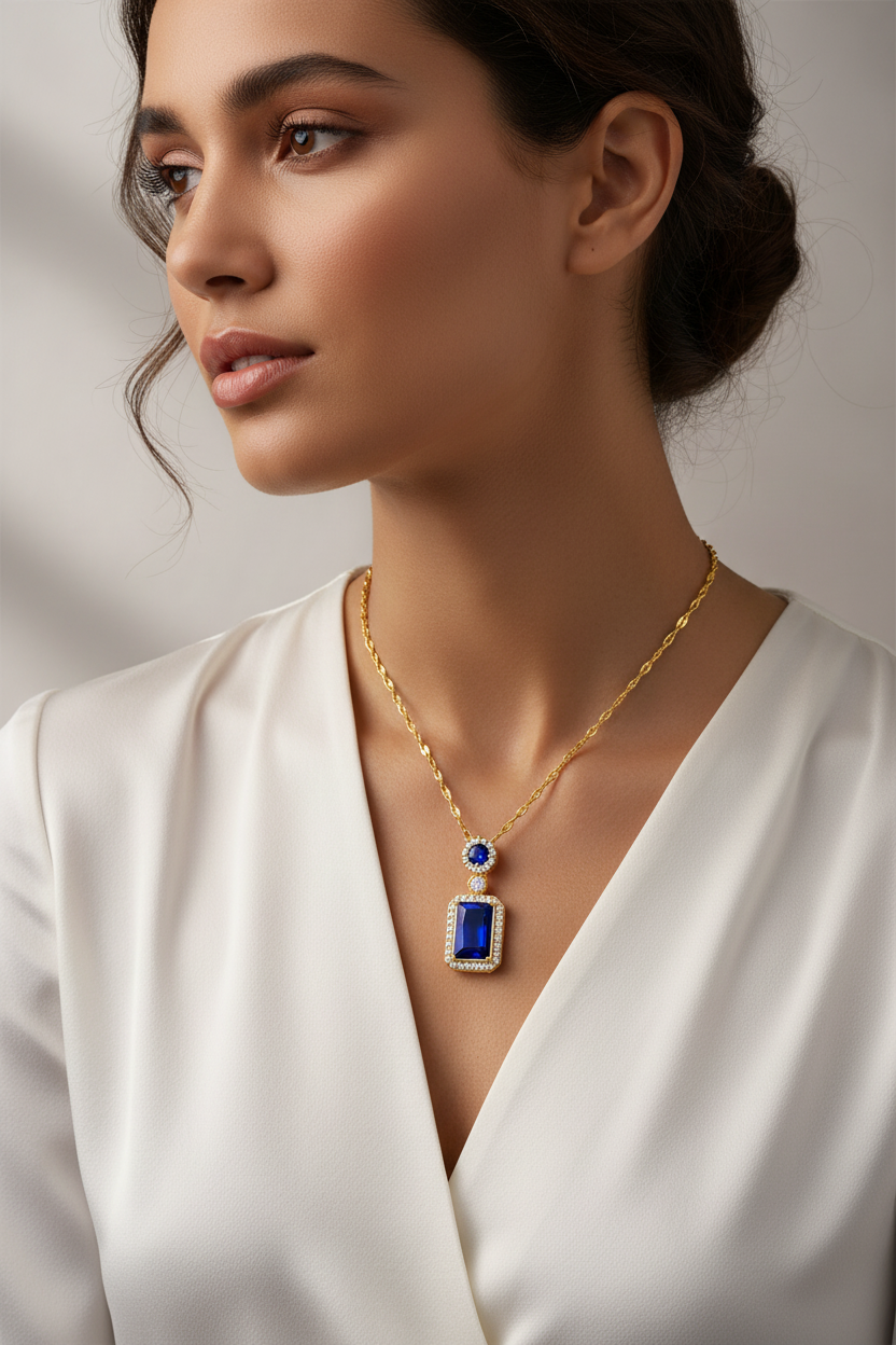 Woman wearing a gold necklace with a blue gemstone pendant against a neutral background