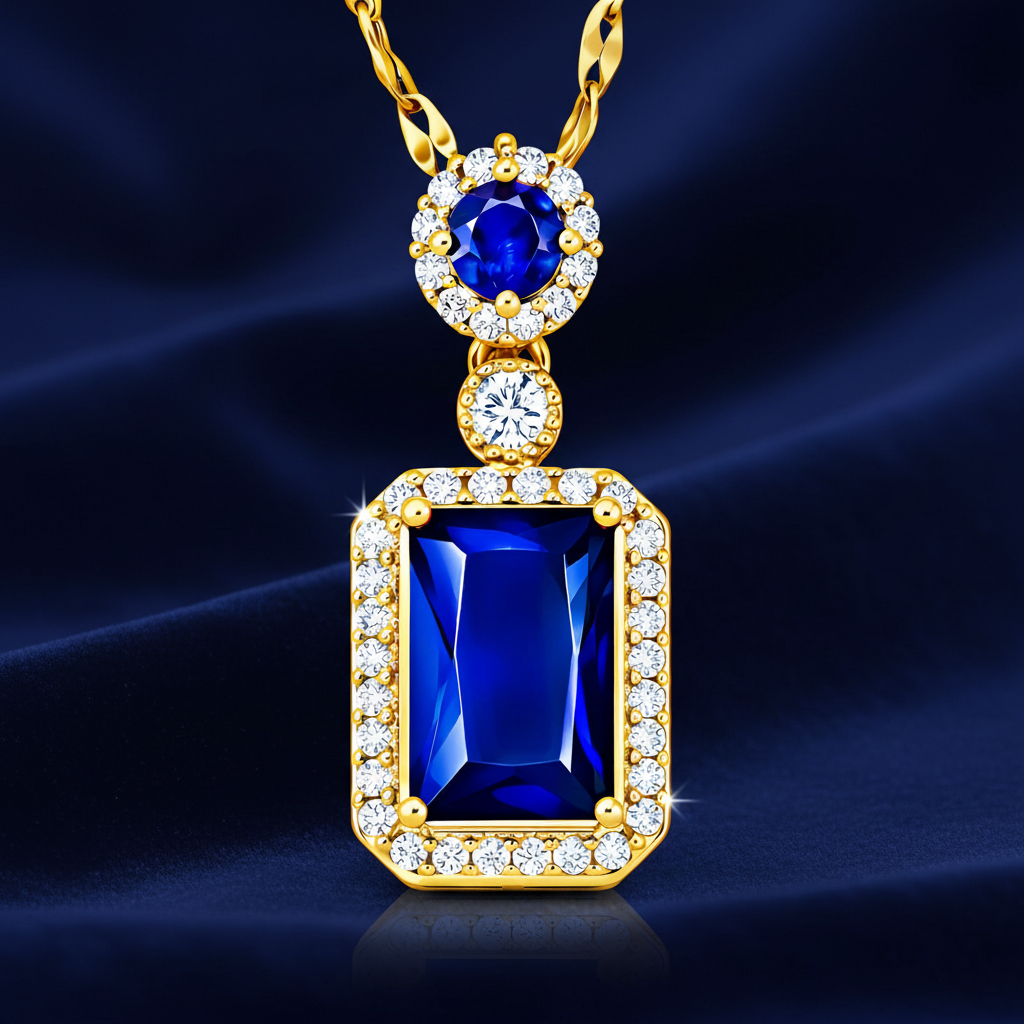 Gold necklace with blue gemstone pendant on a dark blue fabric background