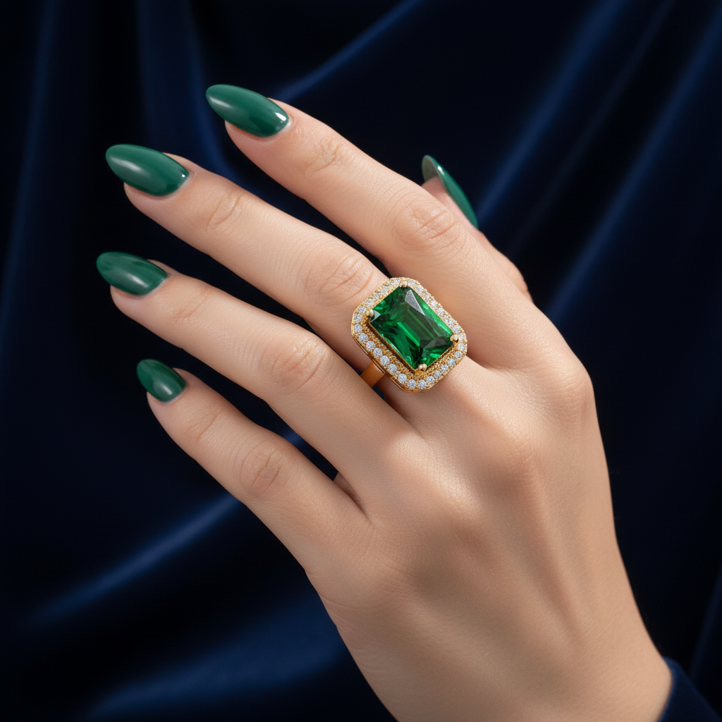 Hand wearing a green gemstone ring with a dark blue fabric background