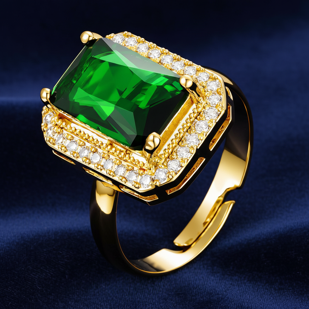 Gold ring with a green gemstone and diamond accents on a dark blue background