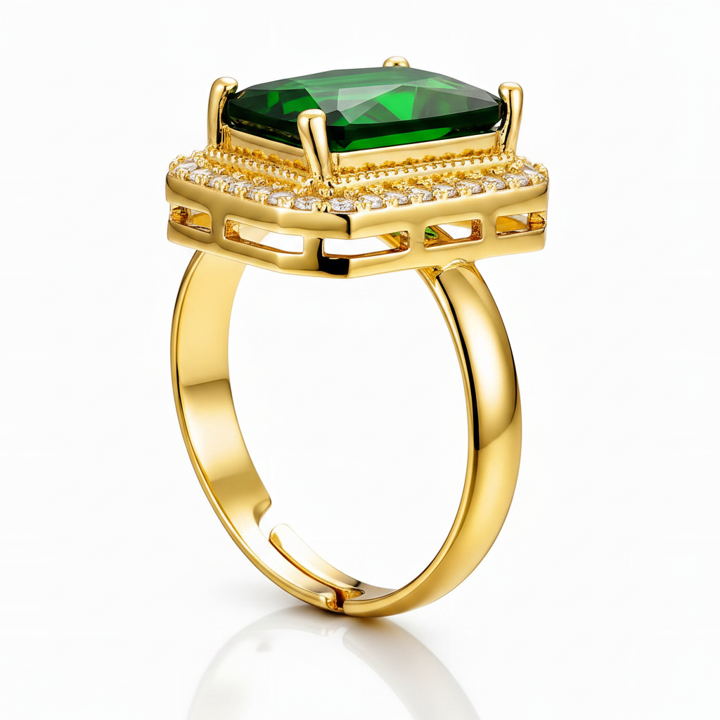 Gold ring with a green gemstone on a white background