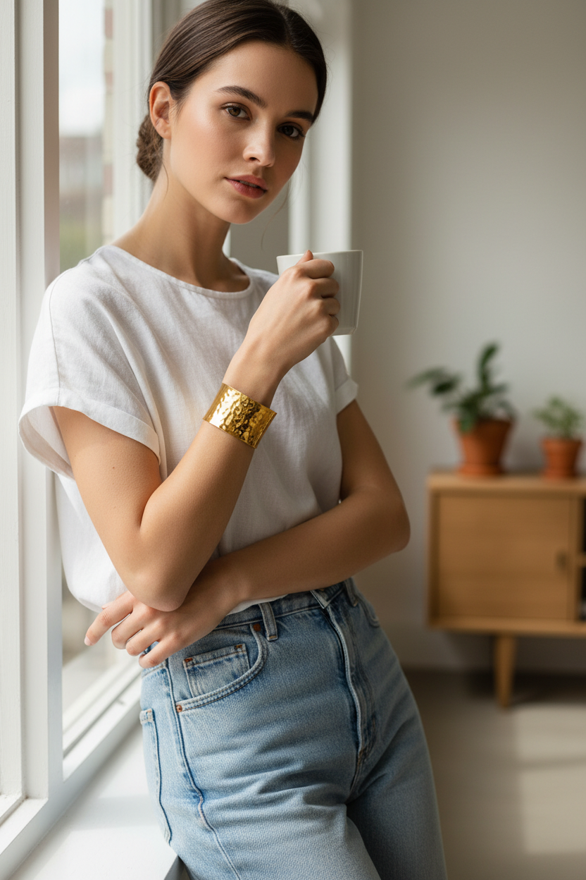Wide Hammered Cuff Bracelet 18K Gold Plated
