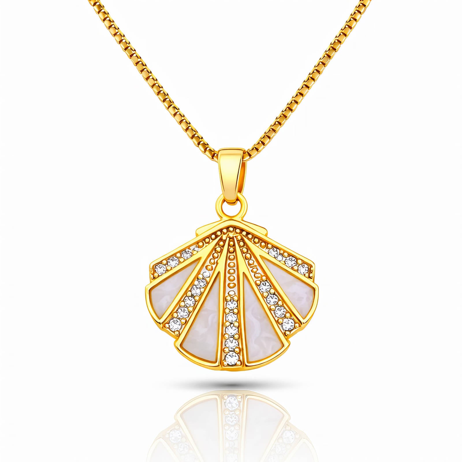 Gold necklace with a shell-shaped pendant on a white background
