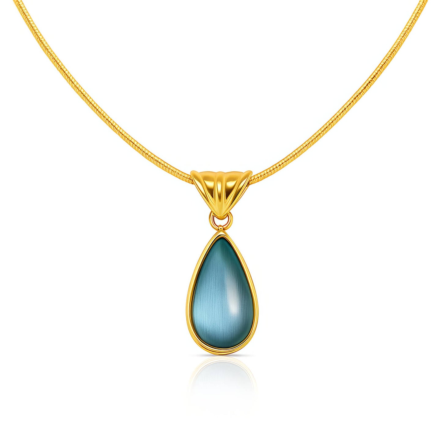 Gold necklace with a blue teardrop pendant on a white background