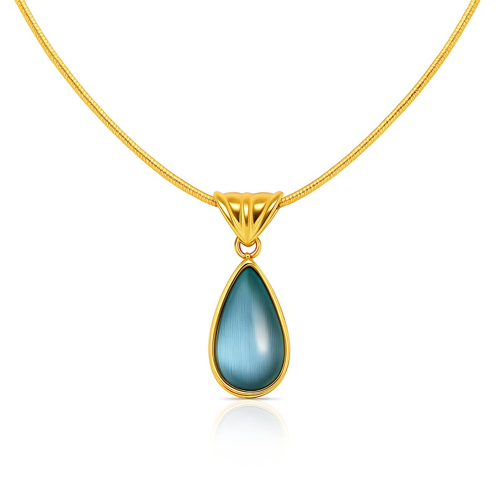 Gold necklace with a blue teardrop pendant on a white background
