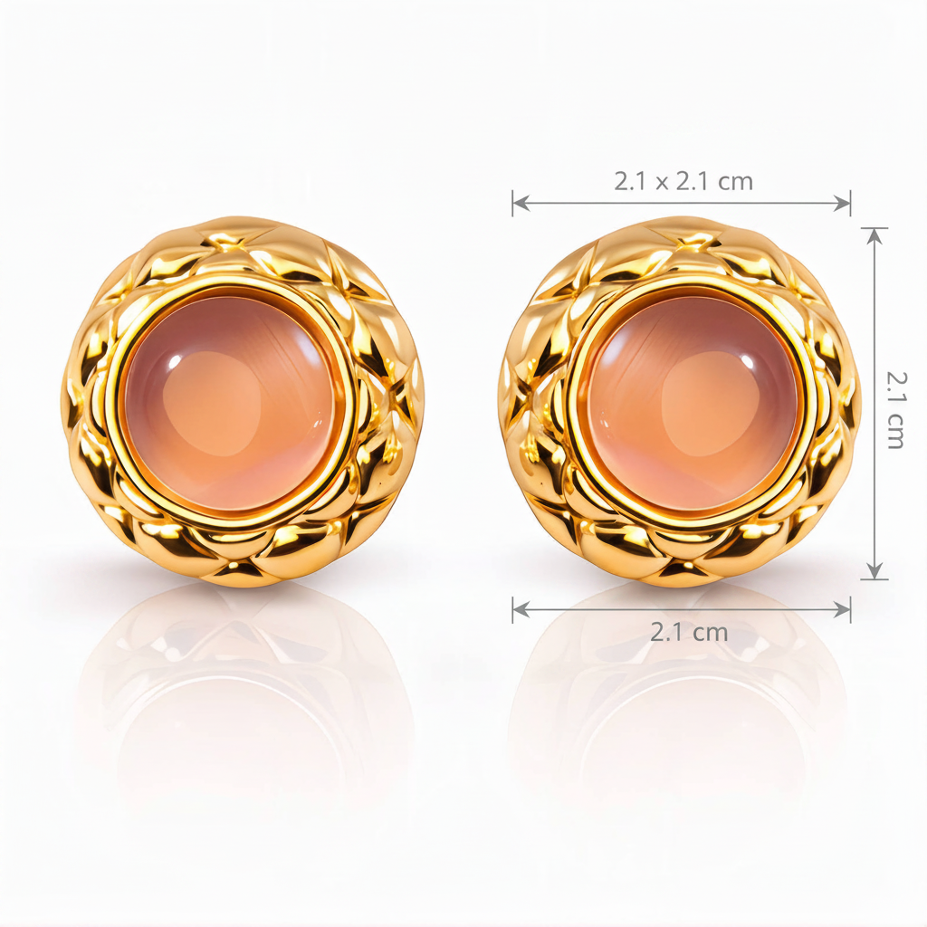 Gold earrings with a central round design on a white background