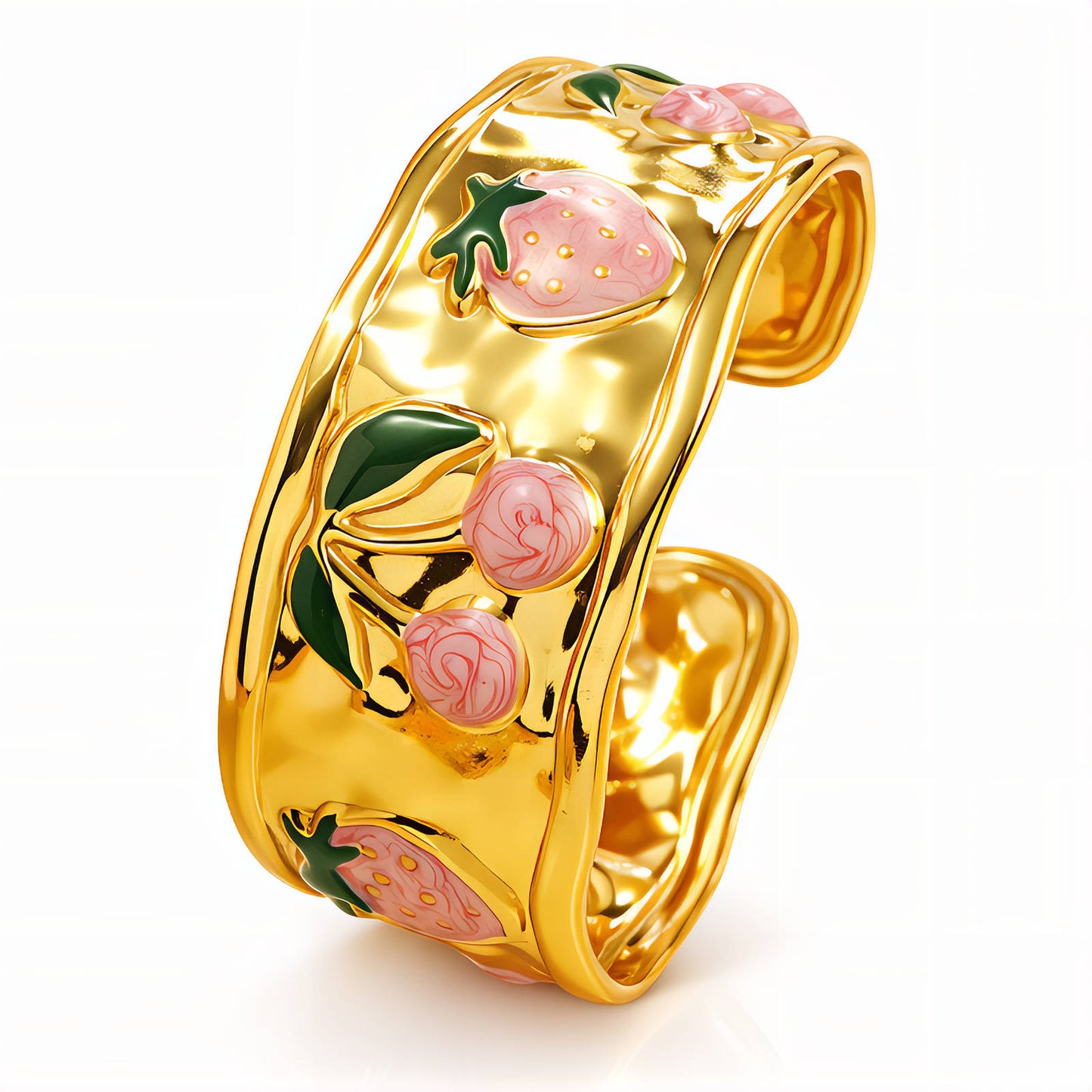 Strawberry & Cherry Enamel Wide Cuff Bracelet | 18K Gold Plated