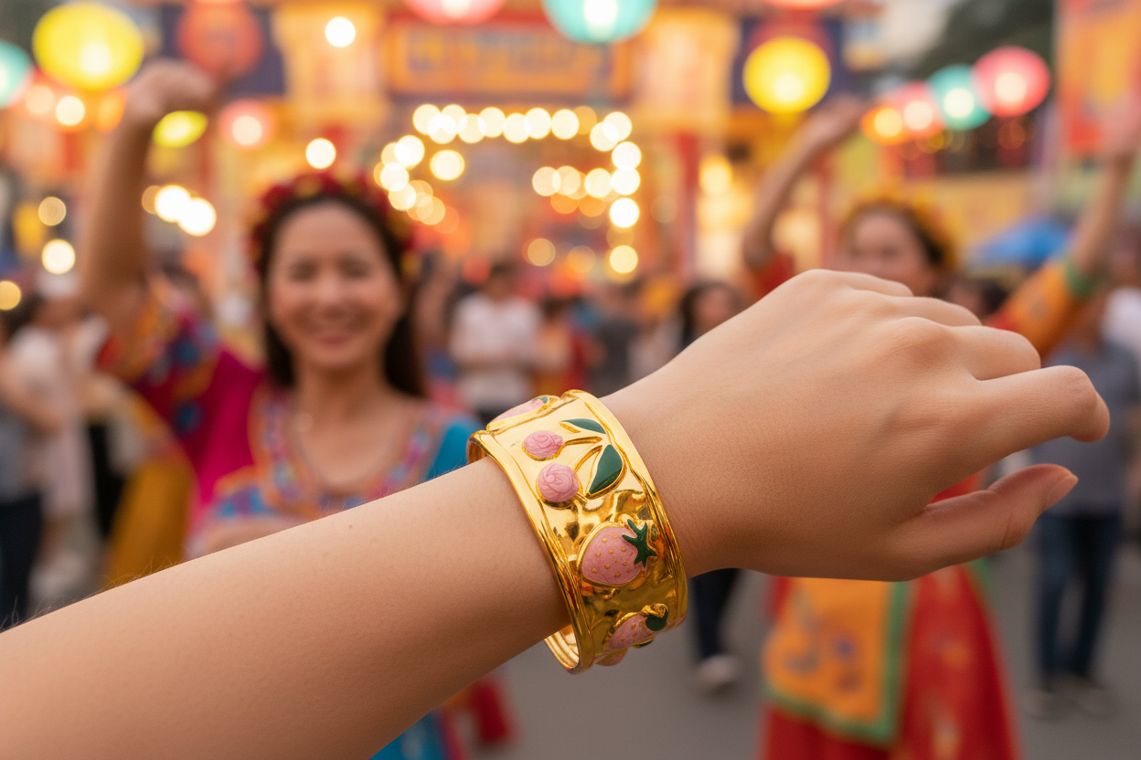 Strawberry & Cherry Enamel Wide Cuff Bracelet | 18K Gold Plated
