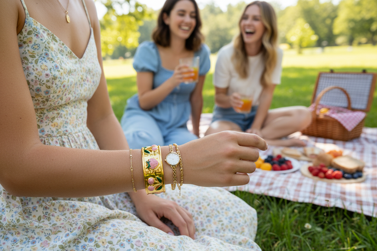 Strawberry & Cherry Enamel Wide Cuff Bracelet | 18K Gold Plated