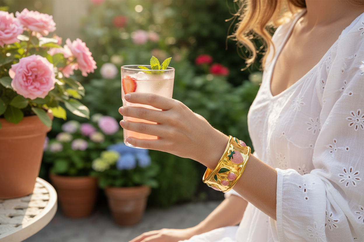 Strawberry & Cherry Enamel Wide Cuff Bracelet | 18K Gold Plated