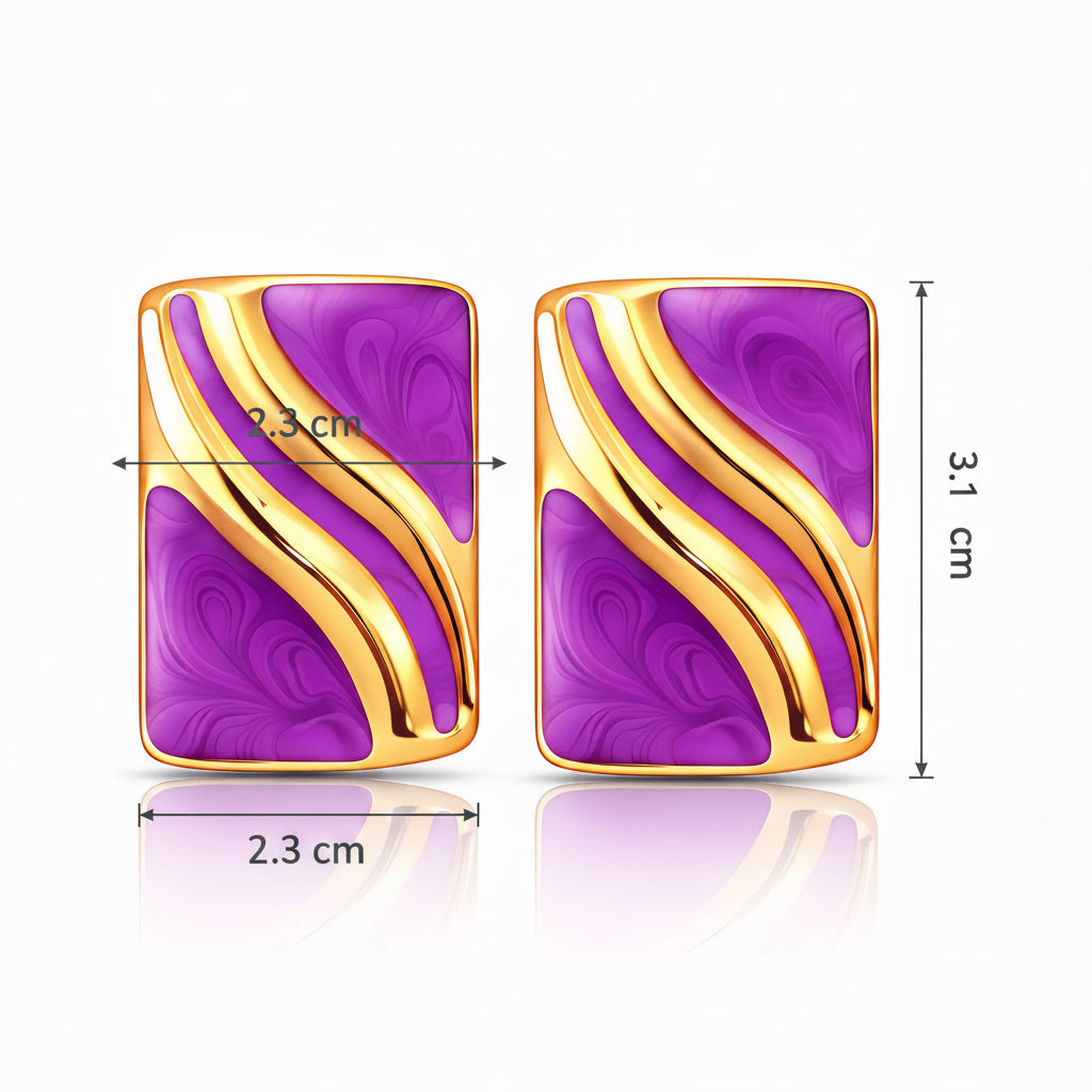 Pair of purple and gold earrings on a white background