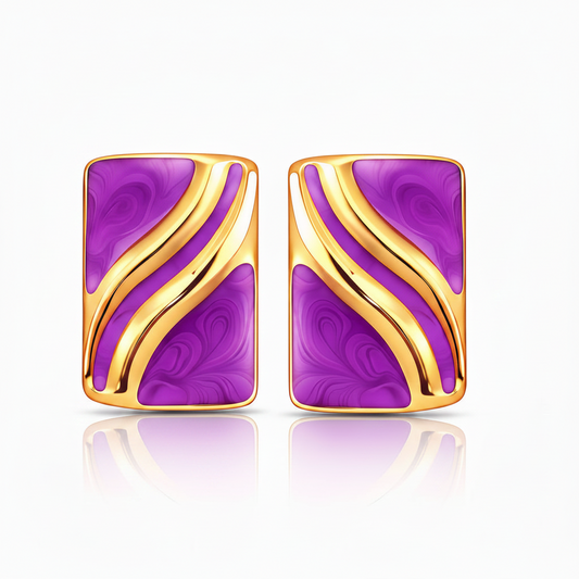 Purple earrings with gold accents on a white background