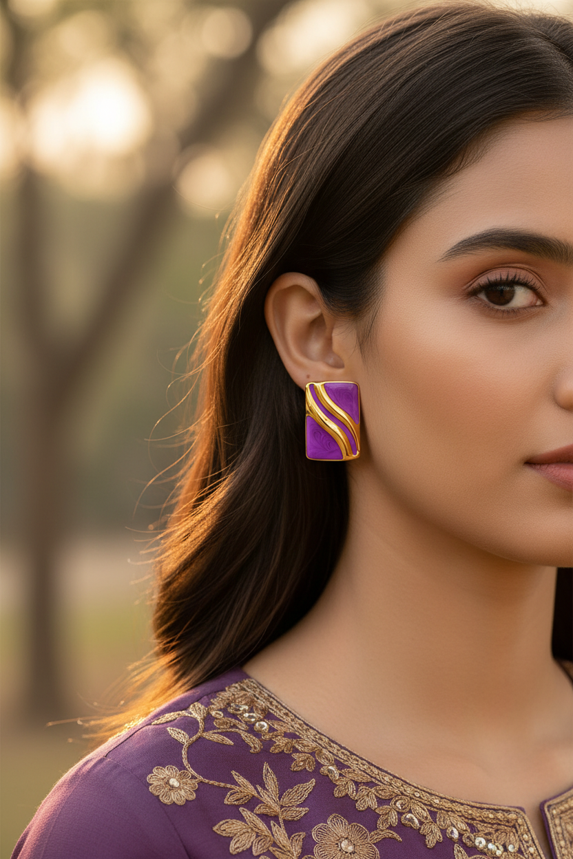 Woman wearing a purple and gold earring with a blurred natural background