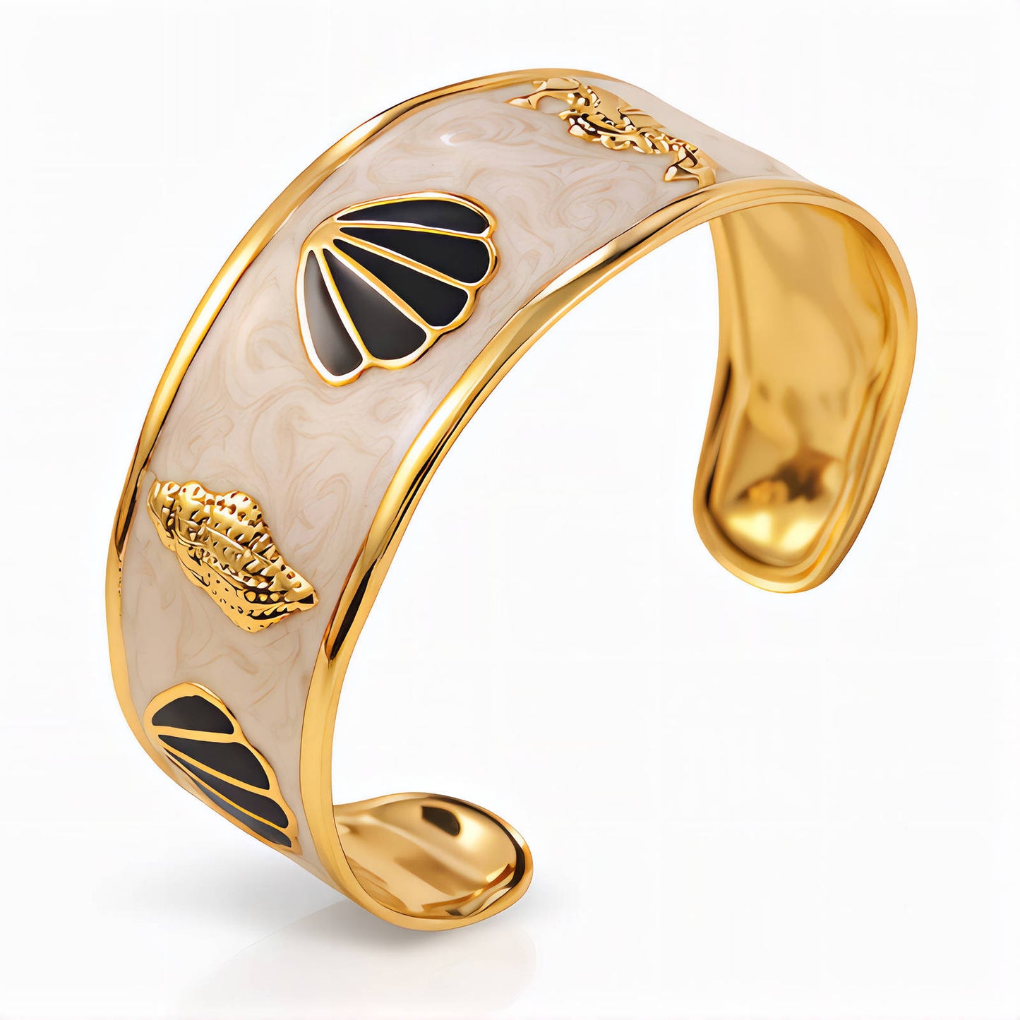 Seashell & Seahorse Enamel Cuff Bracelet 18K Gold Plated