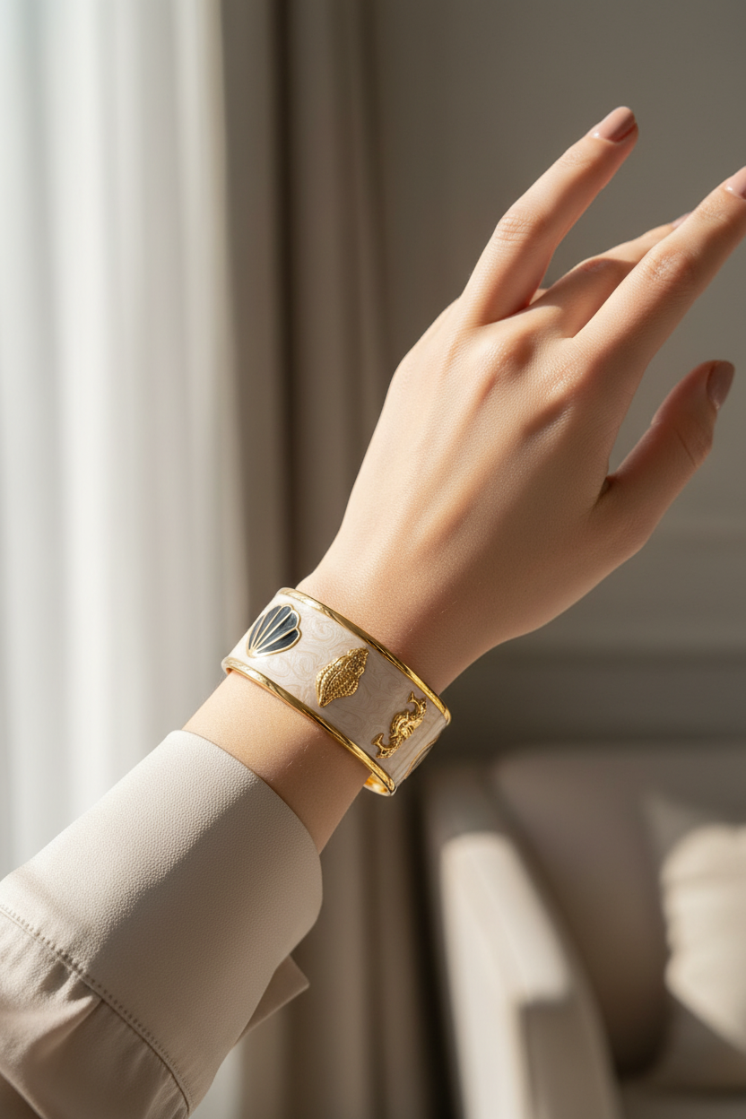 Seashell & Seahorse Enamel Cuff Bracelet 18K Gold Plated