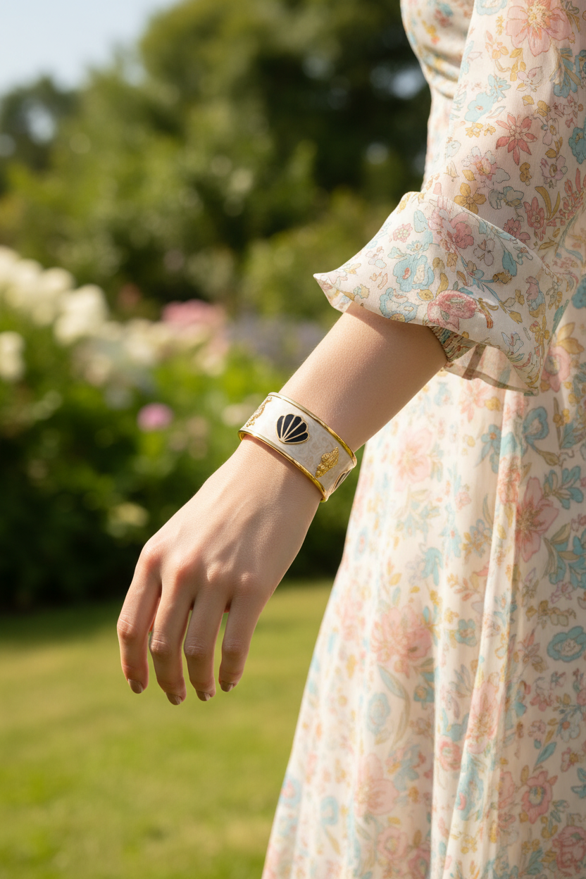 Seashell & Seahorse Enamel Cuff Bracelet 18K Gold Plated