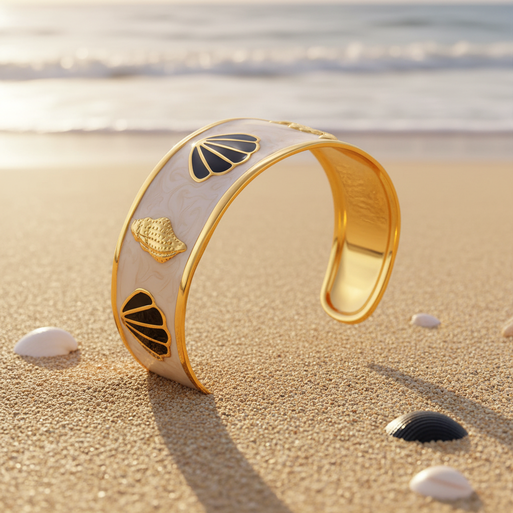 Seashell & Seahorse Enamel Cuff Bracelet 18K Gold Plated
