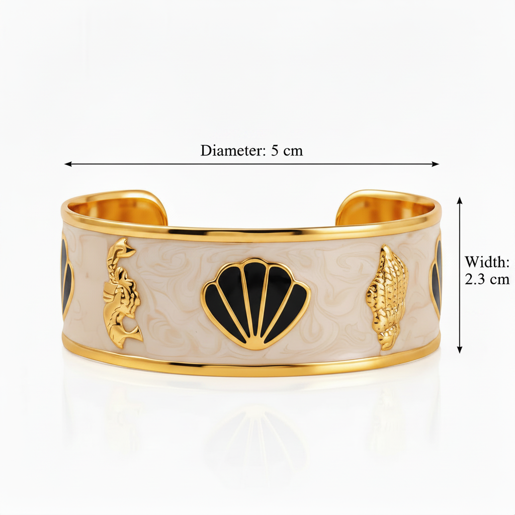 Seashell & Seahorse Enamel Cuff Bracelet 18K Gold Plated