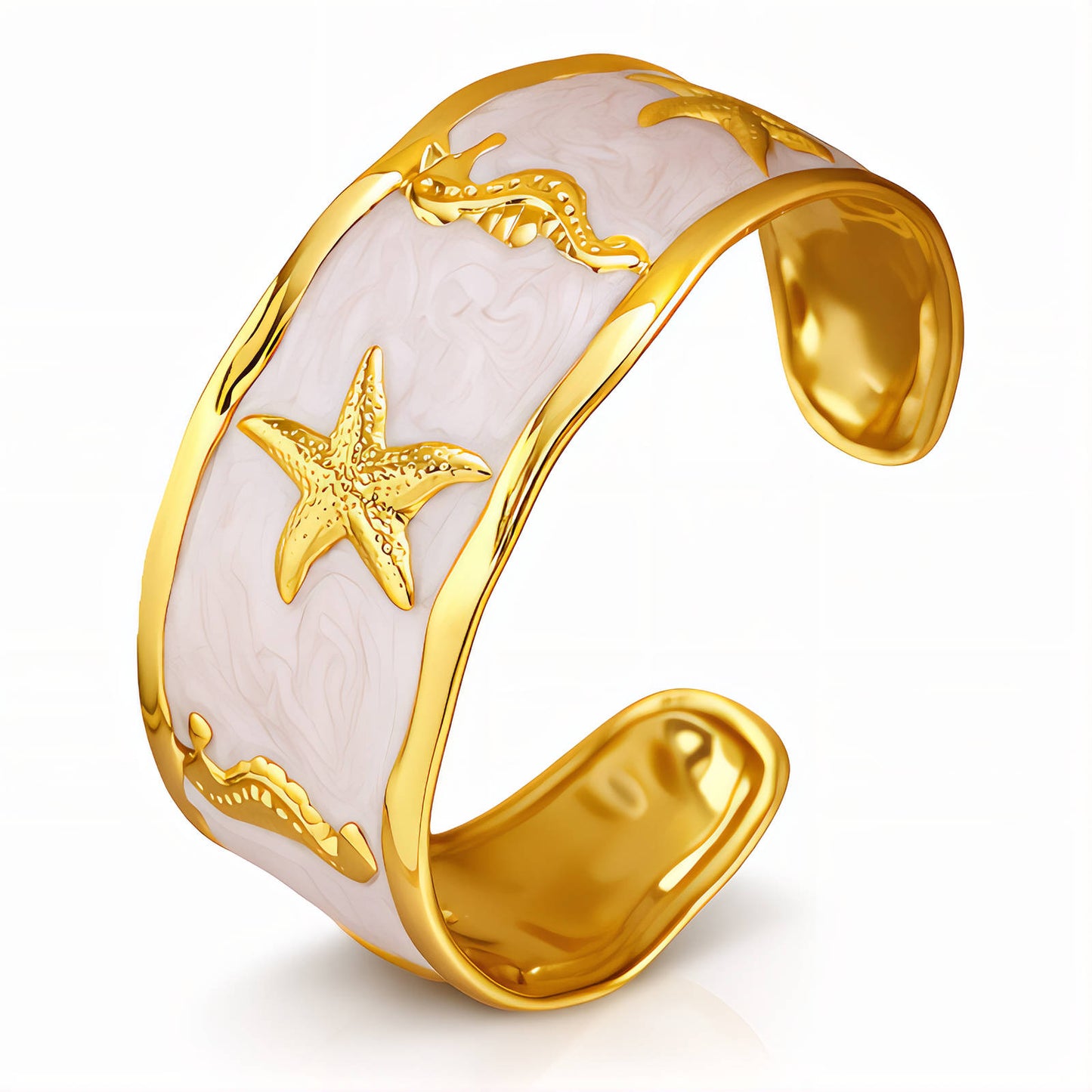 Gold bracelet with starfish and fish designs on a white background