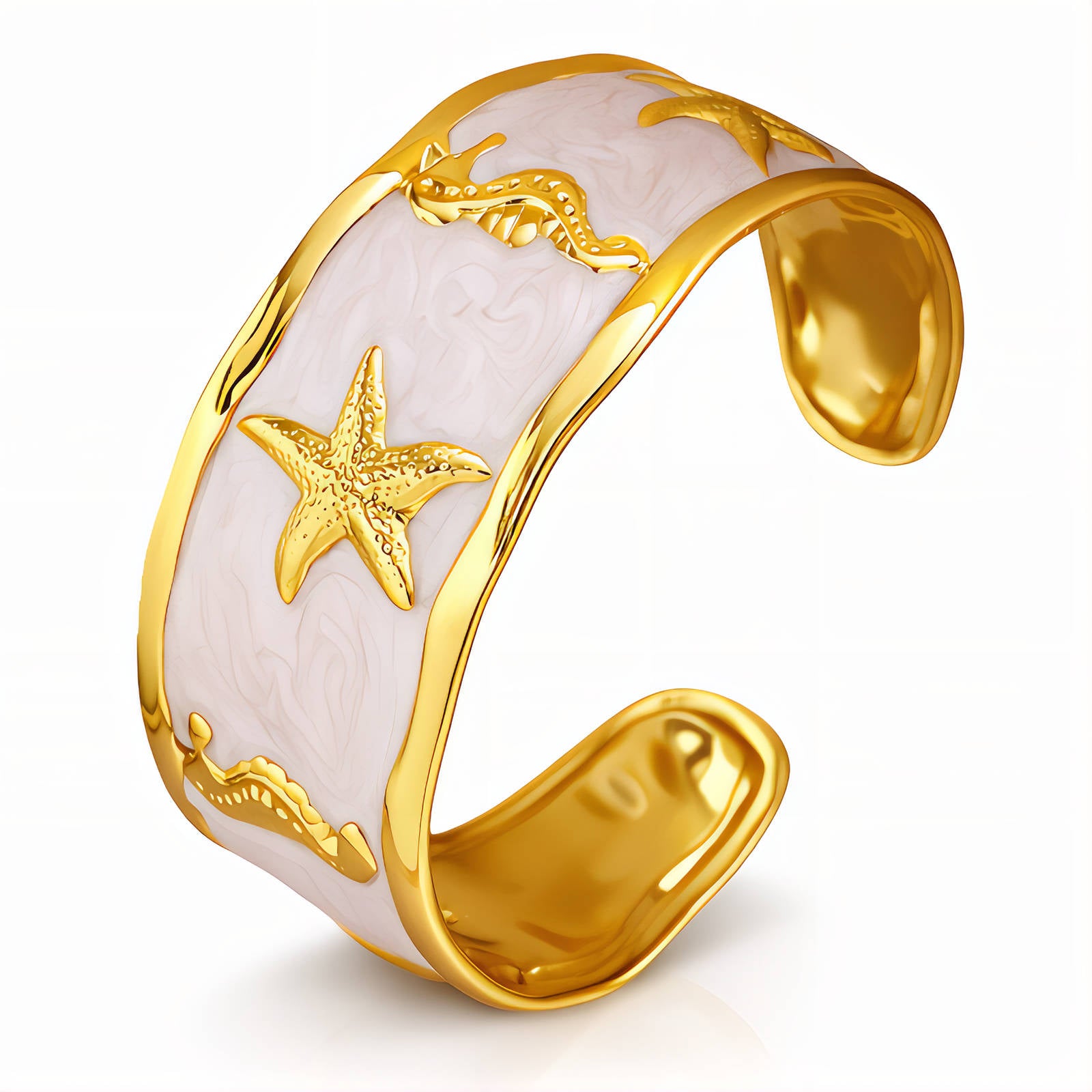 Gold bracelet with starfish and fish designs on a white background