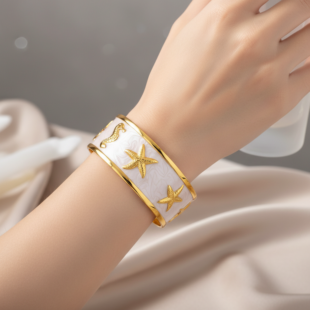 White cuff bracelet with gold starfish designs on a wrist against a neutral background
