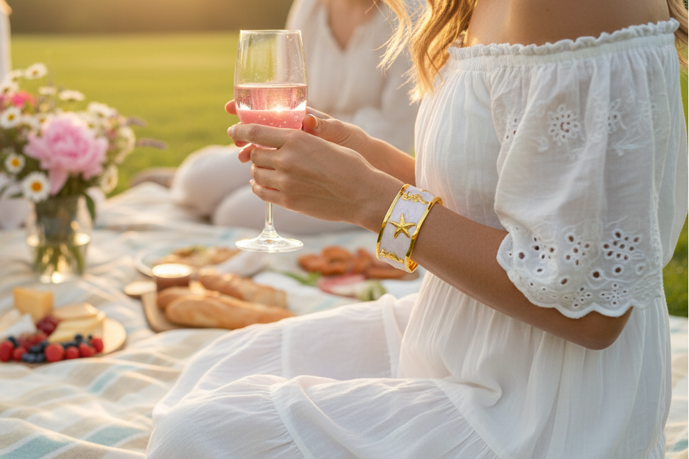 Woman wearing white charm cuff bracelet  with star fish 18k gold plated in a white dress holding a glass of pink wine at a picnic in a field.