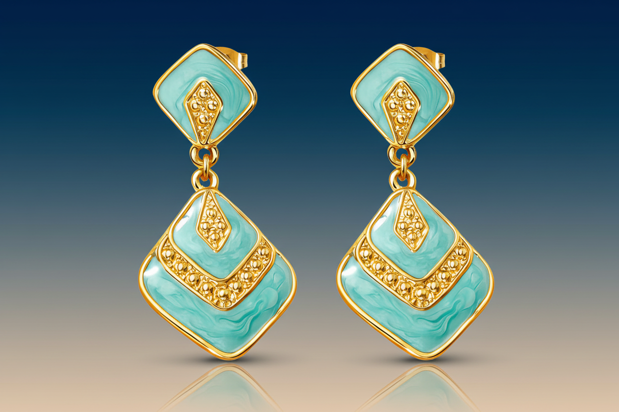 Turquoise Enamel Diamond Shape Double Drop Earrings 18K Gold Plated