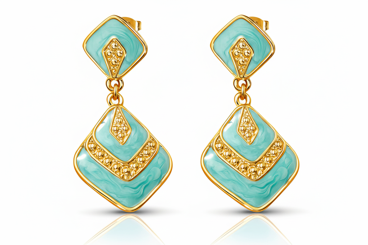 Turquoise Enamel Diamond Shape Double Drop Earrings 18K Gold Plated