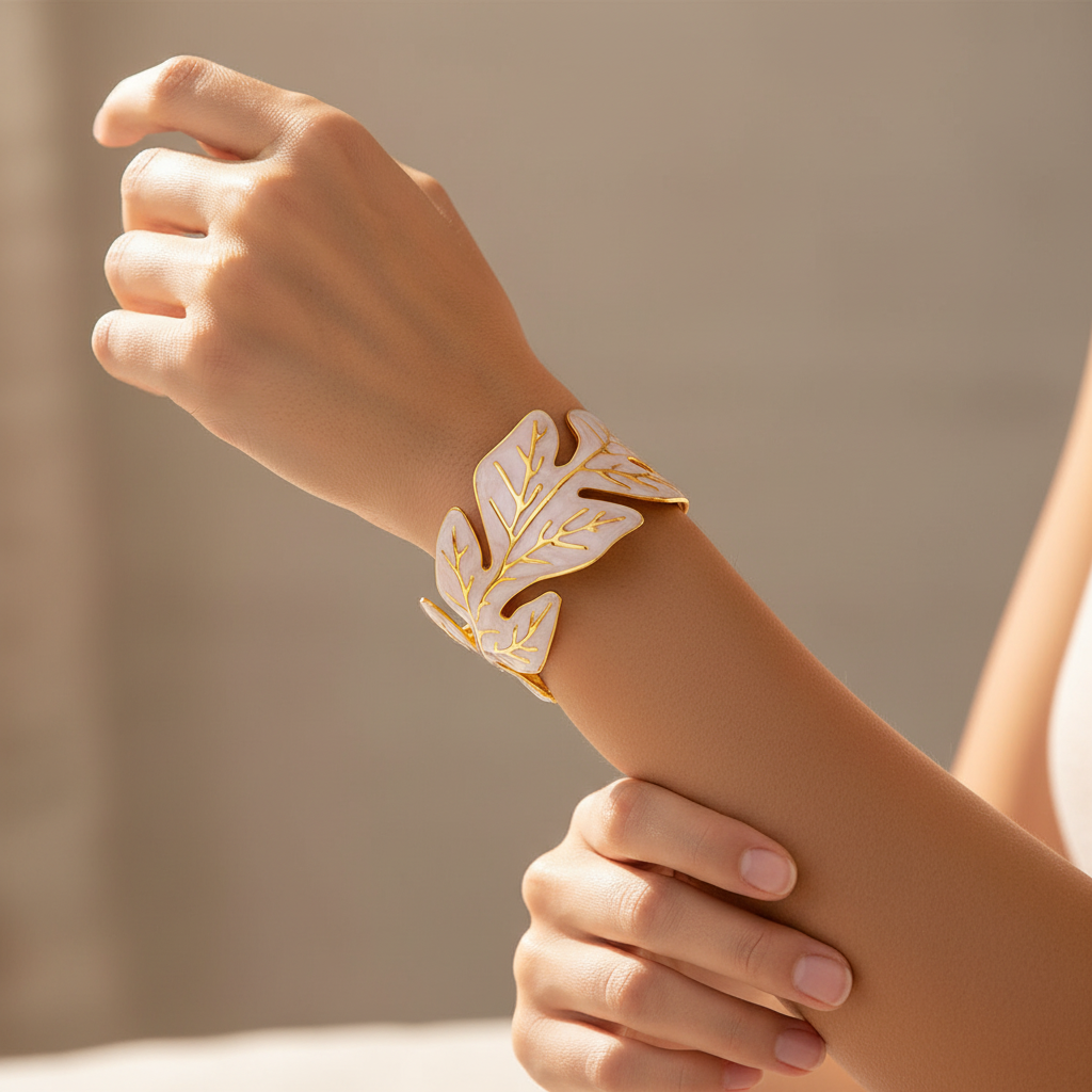 Botanical Leaf Enamel Cuff Bracelet 18K Gold Plated