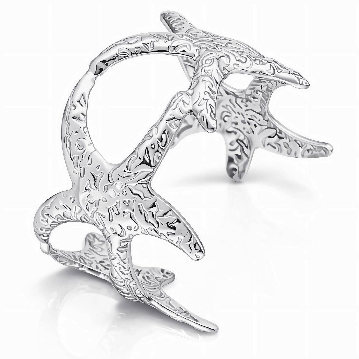 Dual Shark Sculptural Cuff Bracelet Stainless Steel
