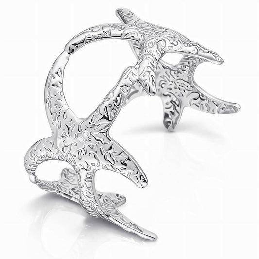 Dual Shark Sculptural Cuff Bracelet Stainless Steel