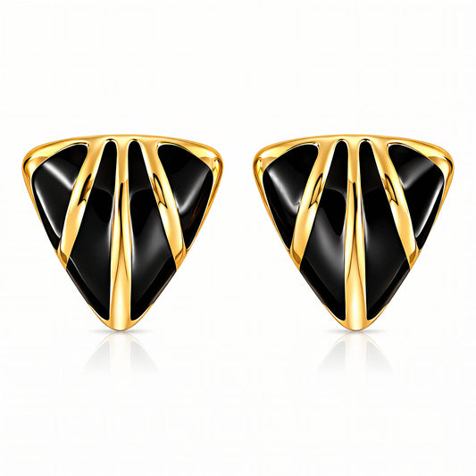 Triangular earrings with gold and black design on a white background