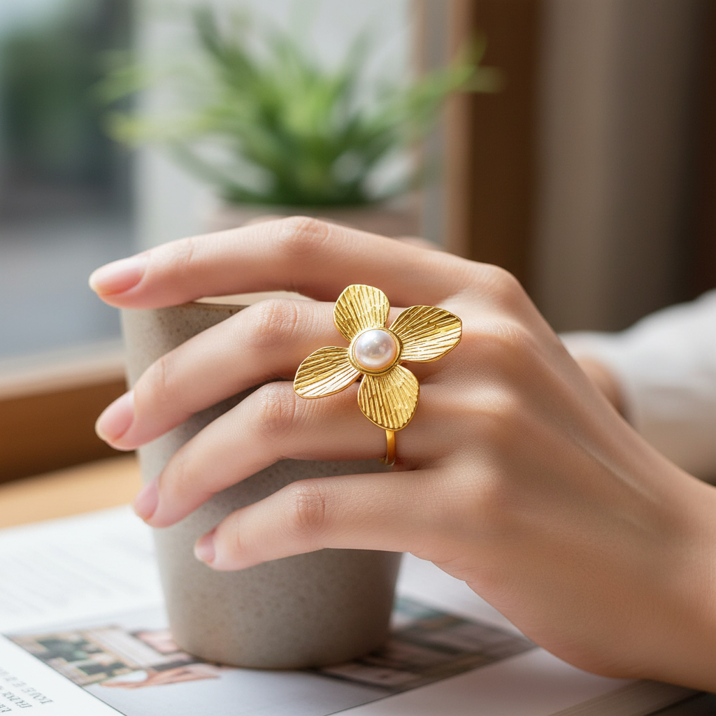 Hand wearing a gold flower-shaped ring with a pearl on a blurred indoor background